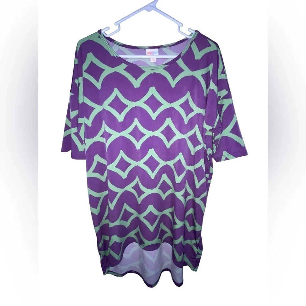 LuLaRoe Purple Green Printed Irma Top Short Sleeve High Low Casual Size Small
